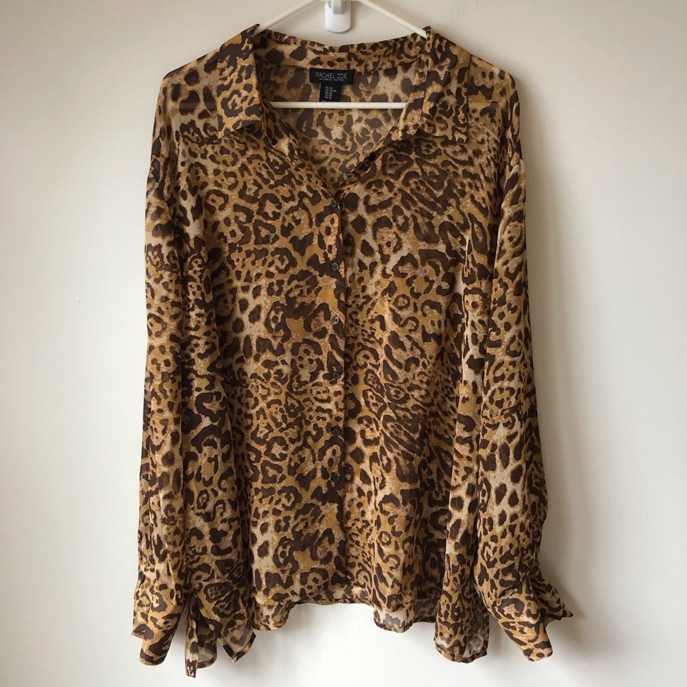 Rachel Zoe Leopard print button up long sleeve top semi sheer Size 3X